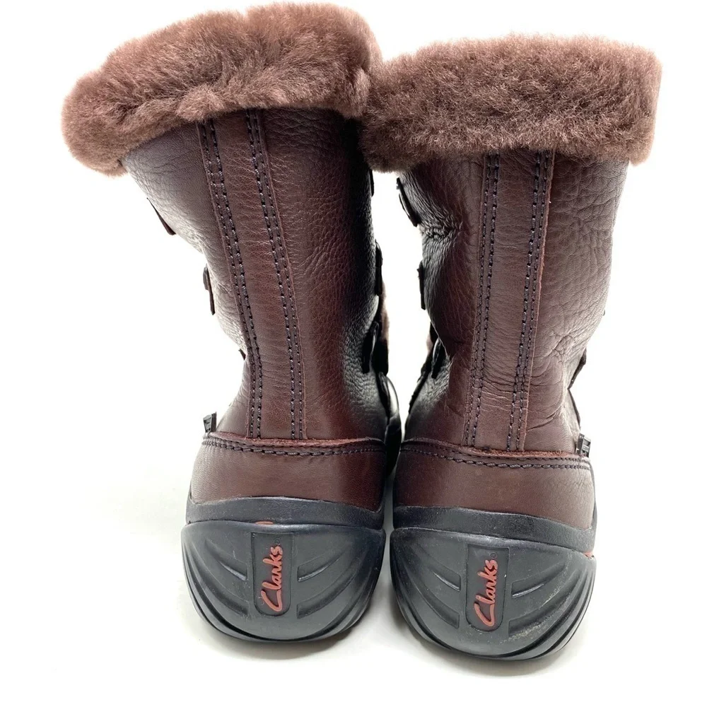 Clarks Bold Crystal Dark Brown Leather Shearling trimmed waterproof boots